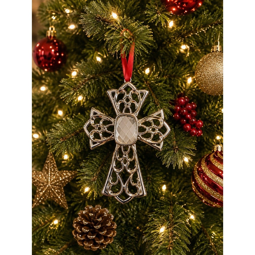 Lenox Bejeweled Silverplate Cross Ornament 856360 Crystal Center